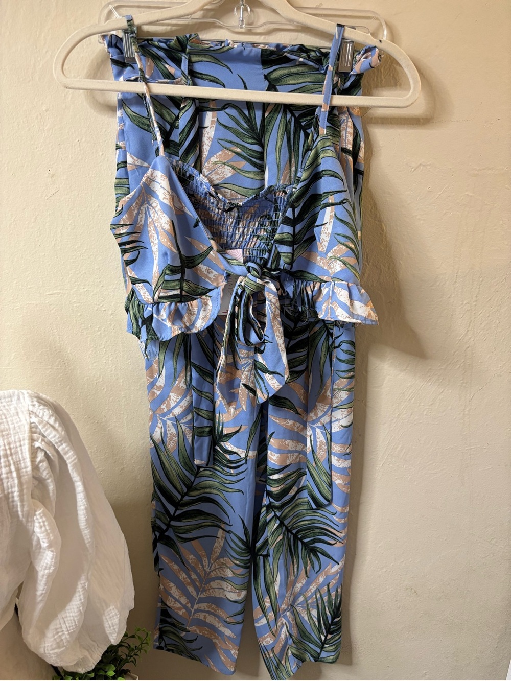 Tropical Leaf Tie-Front Jumpsuit in Light Blue